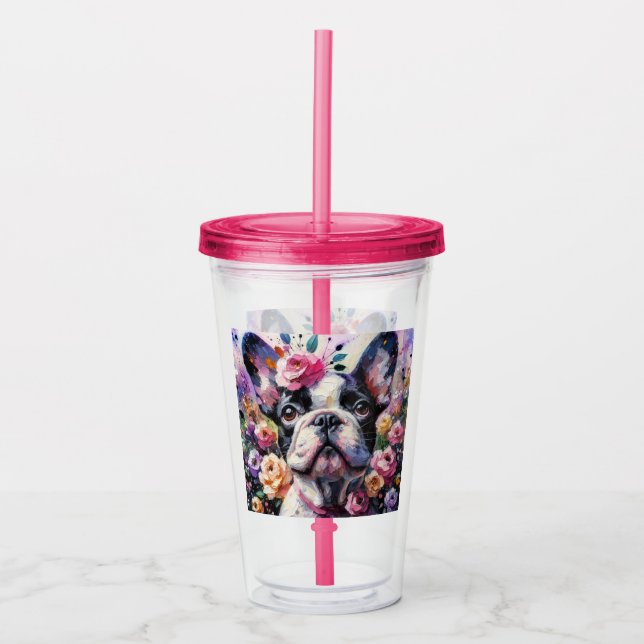 French Bulldog Dog Roses Floral Pink Black White Acrylic Tumbler (Front)