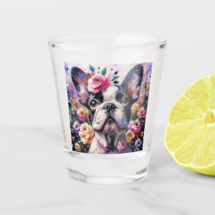 French Bulldog Dog Roses Floral Pink Black White Shot Glass