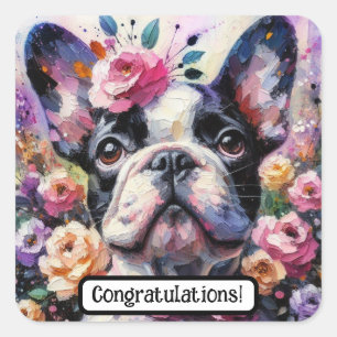 French Bulldog Dog Roses Floral Pink Black White Square Sticker
