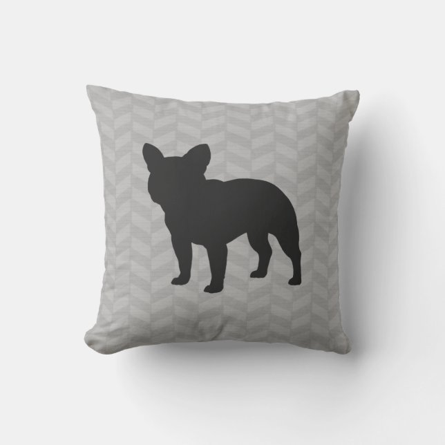 French Bulldog Dog Silhouette Grey Herringbone Cushion (Front)