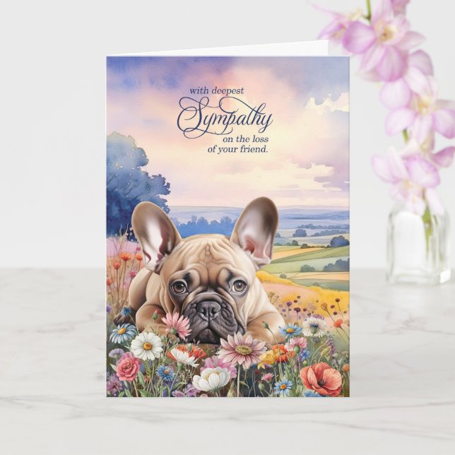 French Bulldog Dog with Wildflowers Pet Sympathy Card (Orchid)