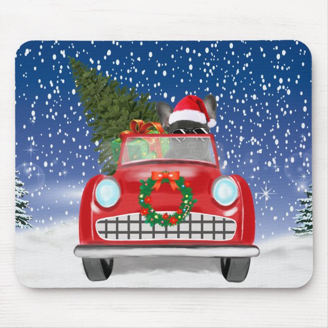 French Bulldog Driving Car In Snow Christmas  Mouse Pad (Front)