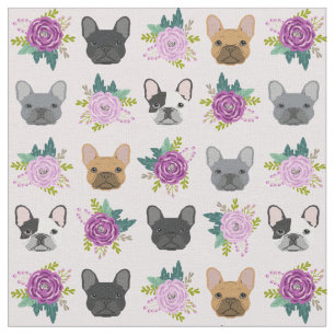 French Bulldog Faces lavender florals Fabric
