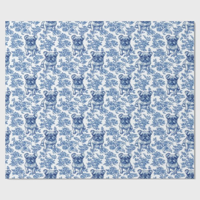 French Bulldog Frenchie Blue Toile Pattern Wrapping Paper (Flat)