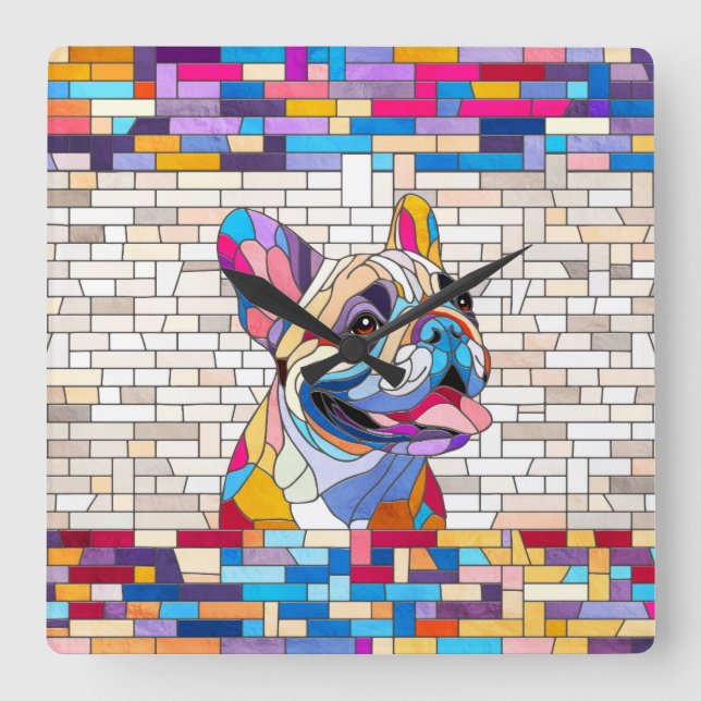 French Bulldog -Frenchie - colourful mosaic Square Wall Clock (Front)