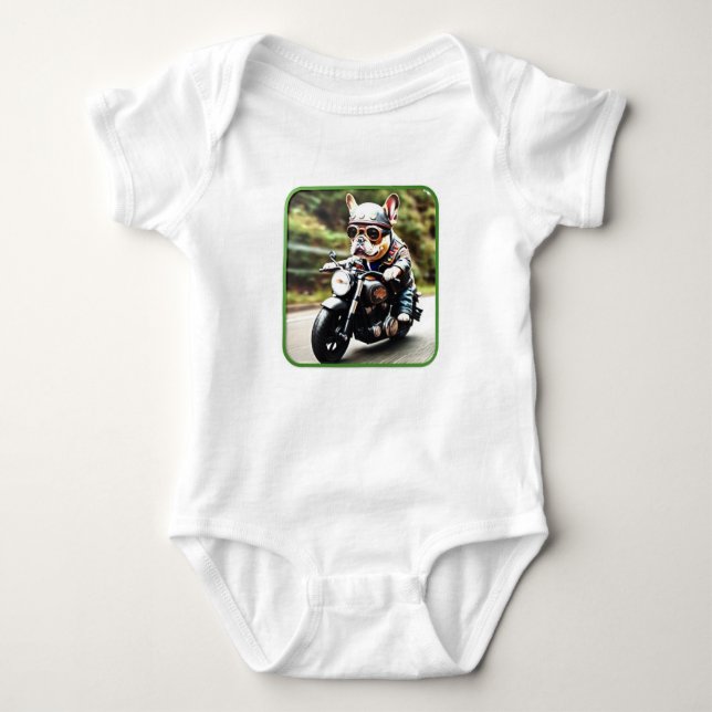 French Bulldog "Frenchie" Dog on Motorcycle Baby Bodysuit (Front)