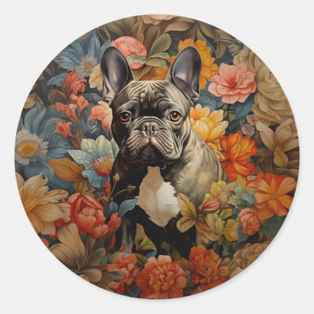 French Bulldog Frenchie Garden Tapestry Birthday Classic Round Sticker (Front)