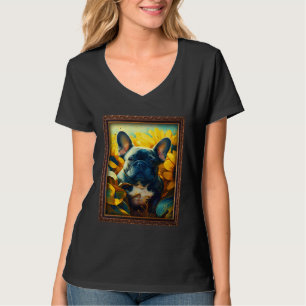 French Bulldog Frenchie Painting Sunflower Flower  T-Shirt