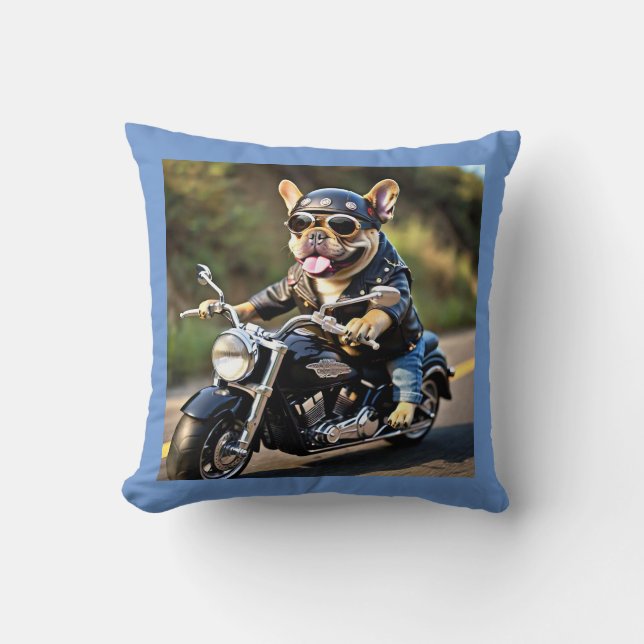 French Bulldog "Frenchie" Riding Motorcycle Pillow (Front)