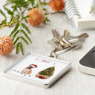 French Bulldog Funny Christmas Dog with Tree Key Ring