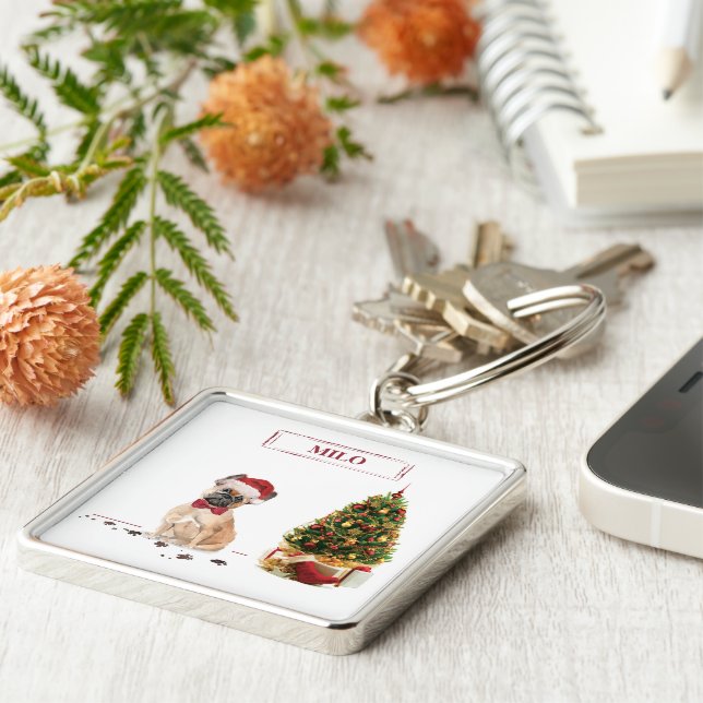 French Bulldog Funny Christmas Dog with Tree Key Ring (Side)
