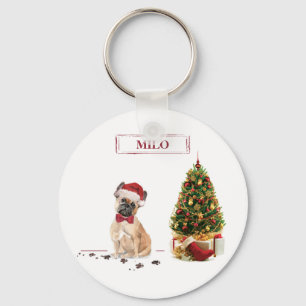 French Bulldog Funny Christmas Dog with Tree Key Ring