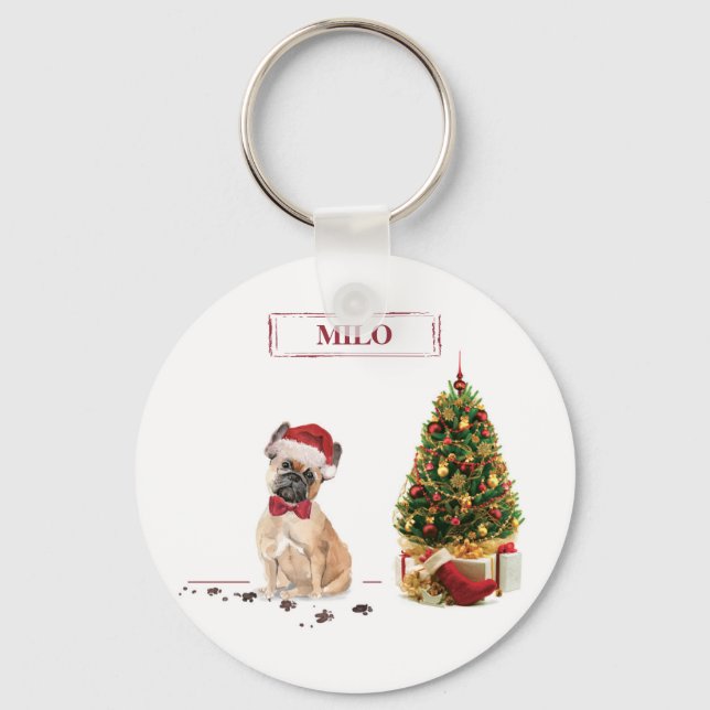 French Bulldog Funny Christmas Dog with Tree Key Ring (Front)