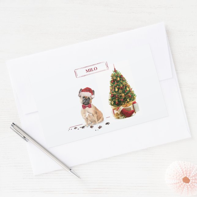 French Bulldog Funny Christmas Dog with Tree Rectangular Sticker (Envelope)