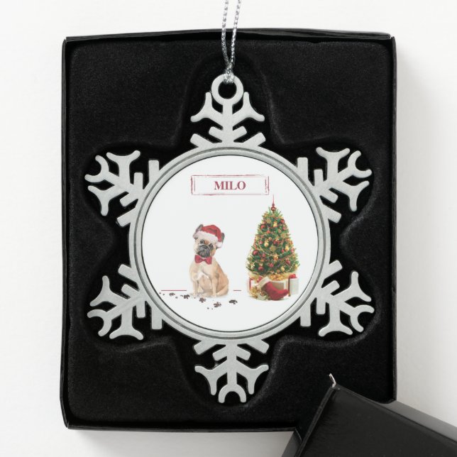 French Bulldog Funny Christmas Dog with Tree Snowflake Pewter Christmas Ornament (Box)