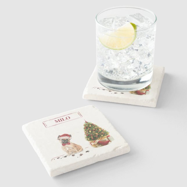 French Bulldog Funny Christmas Dog with Tree Stone Coaster (Side)