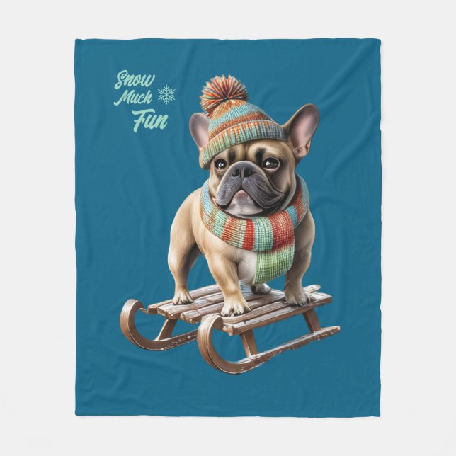 French Bulldog funny sled ride on vacation Fleece Blanket (Front)