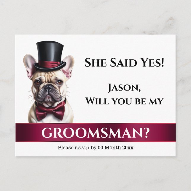 French bulldog grooms proposal burgundy wedding postcard (Front)