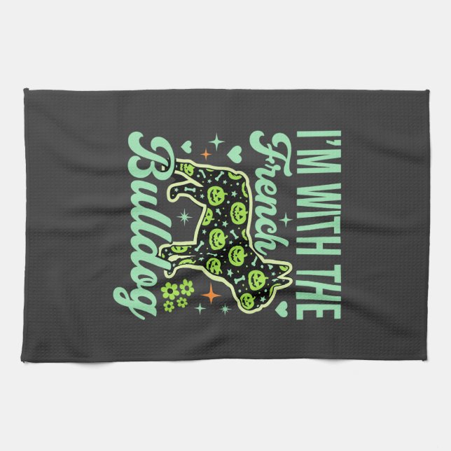 French Bulldog Halloween Pumpkin Pattern Design Tea Towel (Horizontal)