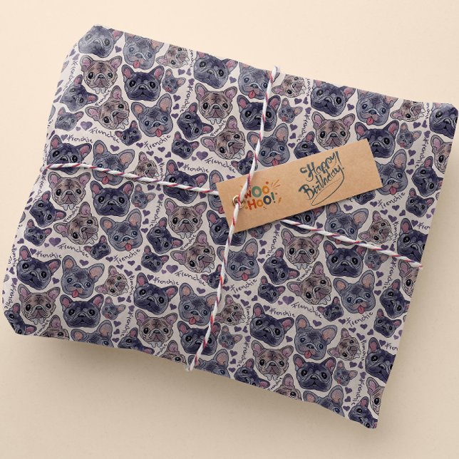 French Bulldog Hand-Drawn Cartoon Head  Wrapping P Wrapping Paper (Creator Uploaded)