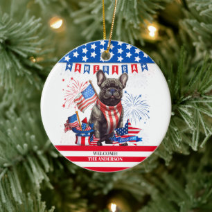 French Bulldog Happy 4Th Of July America Patriotic Ceramic Tree Decoration