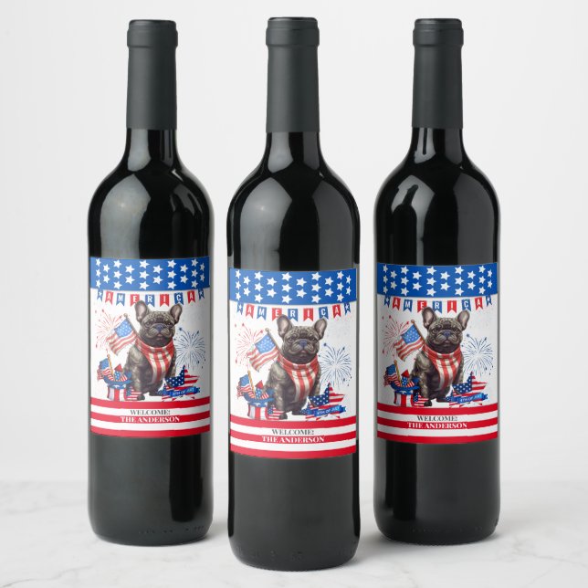 French Bulldog Happy 4Th Of July America Patriotic Wine Label (Bottles)