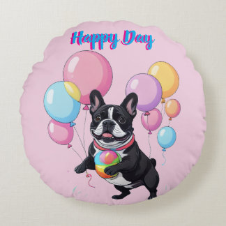 French Bulldog Happy Day Französische Bulldogge Round Cushion