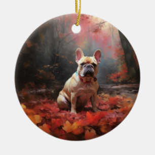 French Bulldog in Autumn Leaves Fall Inspire Ceramic Tree Decoration