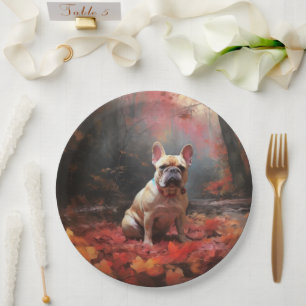 French Bulldog in Autumn Leaves Fall Inspire Paper Plate