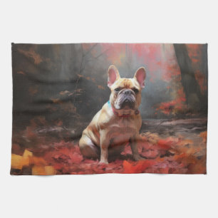 French Bulldog in Autumn Leaves Fall Inspire Tea Towel