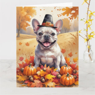 French Bulldog In Autumn Leaves Thanksgiving Art  Card