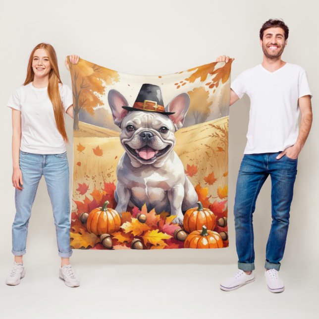 French Bulldog In Autumn Leaves Thanksgiving Art  Fleece Blanket (In Situ)