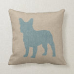 French Bulldog in Blue on Linen Look Cushion<br><div class="desc">French Bulldog silhouette in light blue on natural linen texture look</div>