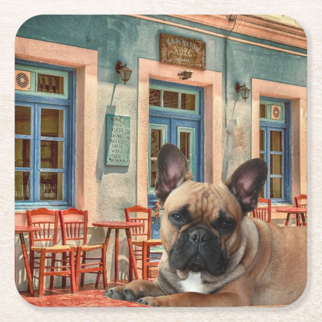French Bulldog in cafe Square Paper Coaster (Front)