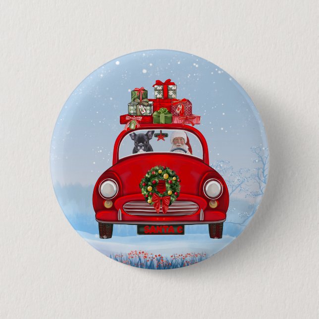 French Bulldog In Car With Santa Claus  6 Cm Round Badge (Front)
