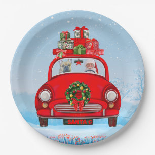 French Bulldog In Car With Santa Claus  Paper Plate