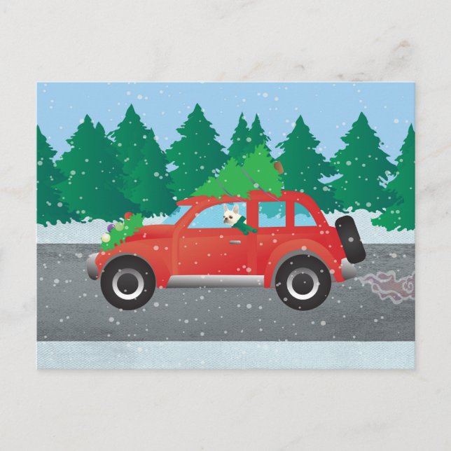 French Bulldog in Christmas Car with tree on top Holiday Postcard (Front)