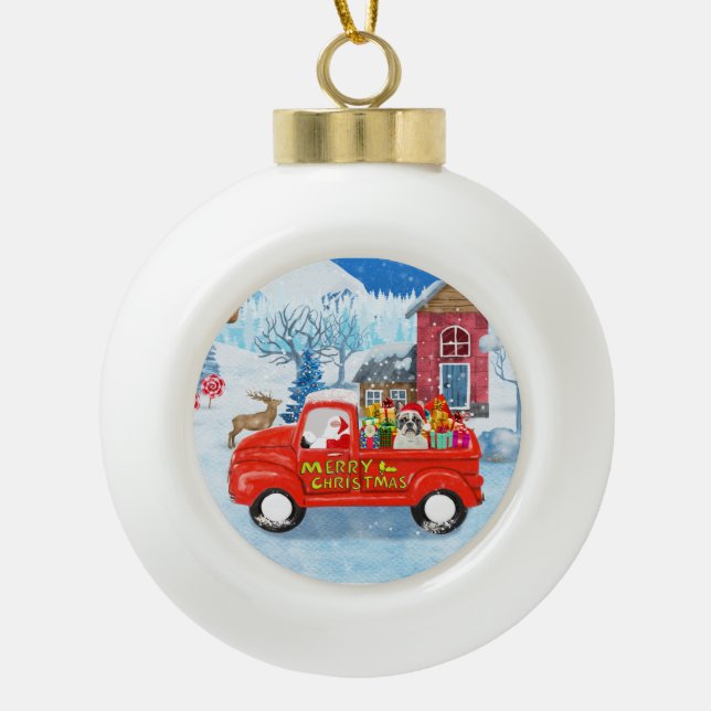 French Bulldog in Christmas Delivery Truck Snow  Ceramic Ball Christmas Ornament (Front)