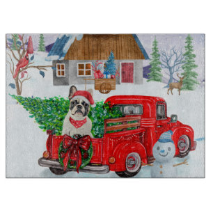 French Bulldog In Christmas Delivery Truck Snow Cutting Board