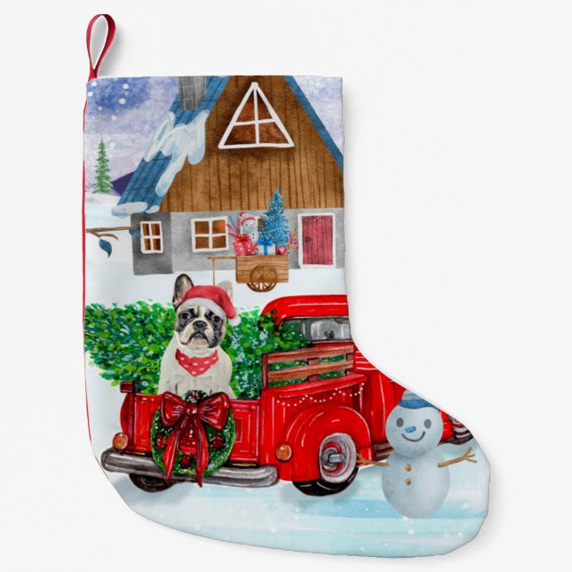 French Bulldog In Christmas Delivery Truck Snow  Small Christmas Stocking (Front)