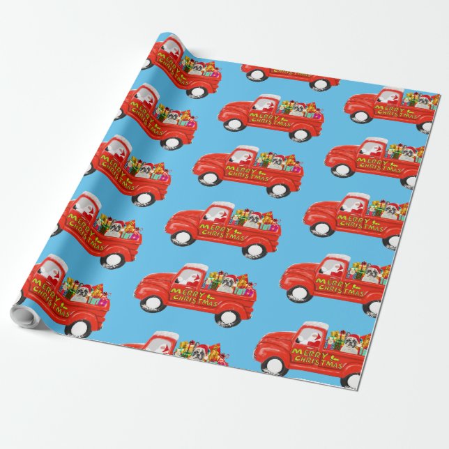 French Bulldog in Christmas Delivery Truck Wrapping Paper (Unrolled)