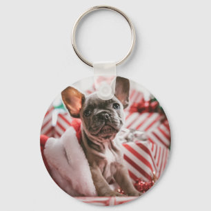 French Bulldog in Christmas Hat Key Ring