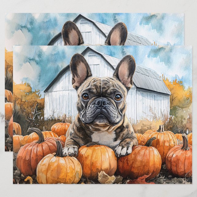 French Bulldog in Pumpkin Patch Scrapbook Paper (Front/Back)