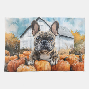 French Bulldog in Pumpkin Patch Tea Towel