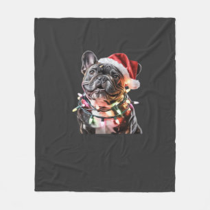 French Bulldog in Santa Hat Wrapped in Christmas L Fleece Blanket