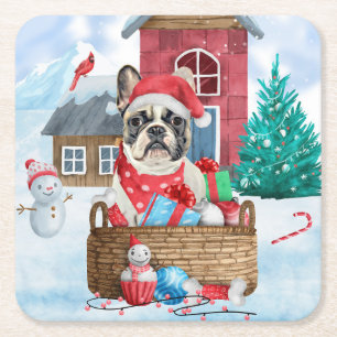 French Bulldog In snow Christmas Dog House Square Paper Coaster