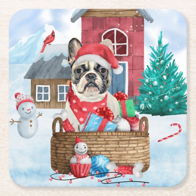 French Bulldog In snow Christmas Dog House Square Paper Coaster (Front)
