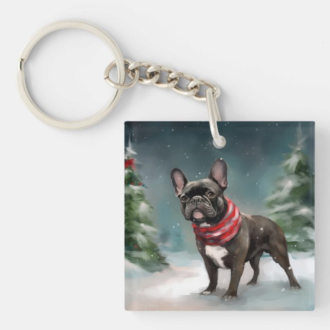 French Bulldog in Snow Christmas Key Ring (Front)