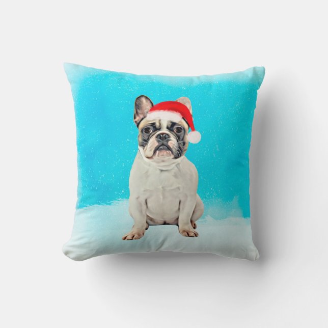 French Bulldog in Snow Christmas Santa Hat Cushion (Front)