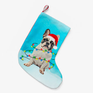 French Bulldog in Snow Christmas Santa Hat Lights Small Christmas Stocking